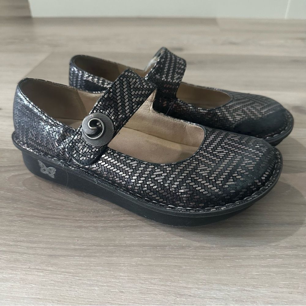 ALEGRIA BY PG LITE BLACK & SILVER METALLIC MARY JANES Sz 38 EU PAL-532 8/8.5 US